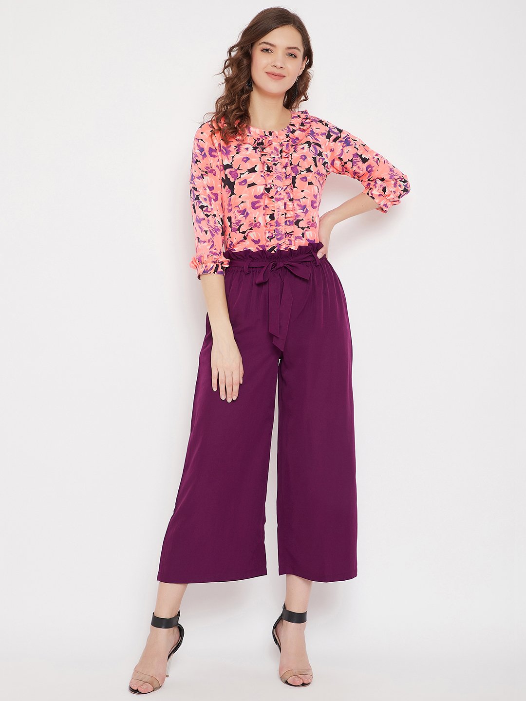 Women's Printed Ruffled Top &  Burgundy Palazzo Set  - BitterLime