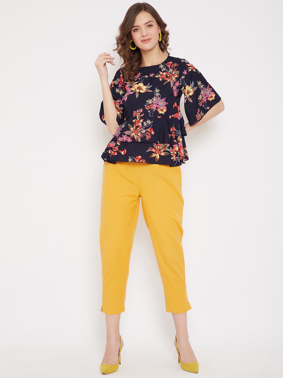 Women's Navy Blue Floral Peplum Top and Trouser Set  - BitterLime