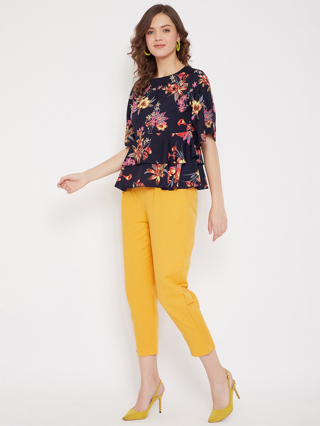 Women's Navy Blue Floral Peplum Top and Trouser Set  - BitterLime