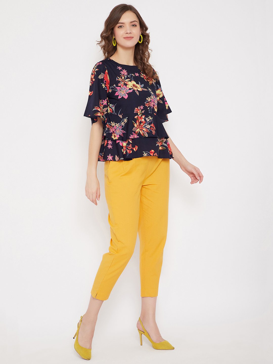 Women's Navy Blue Floral Peplum Top and Trouser Set  - BitterLime