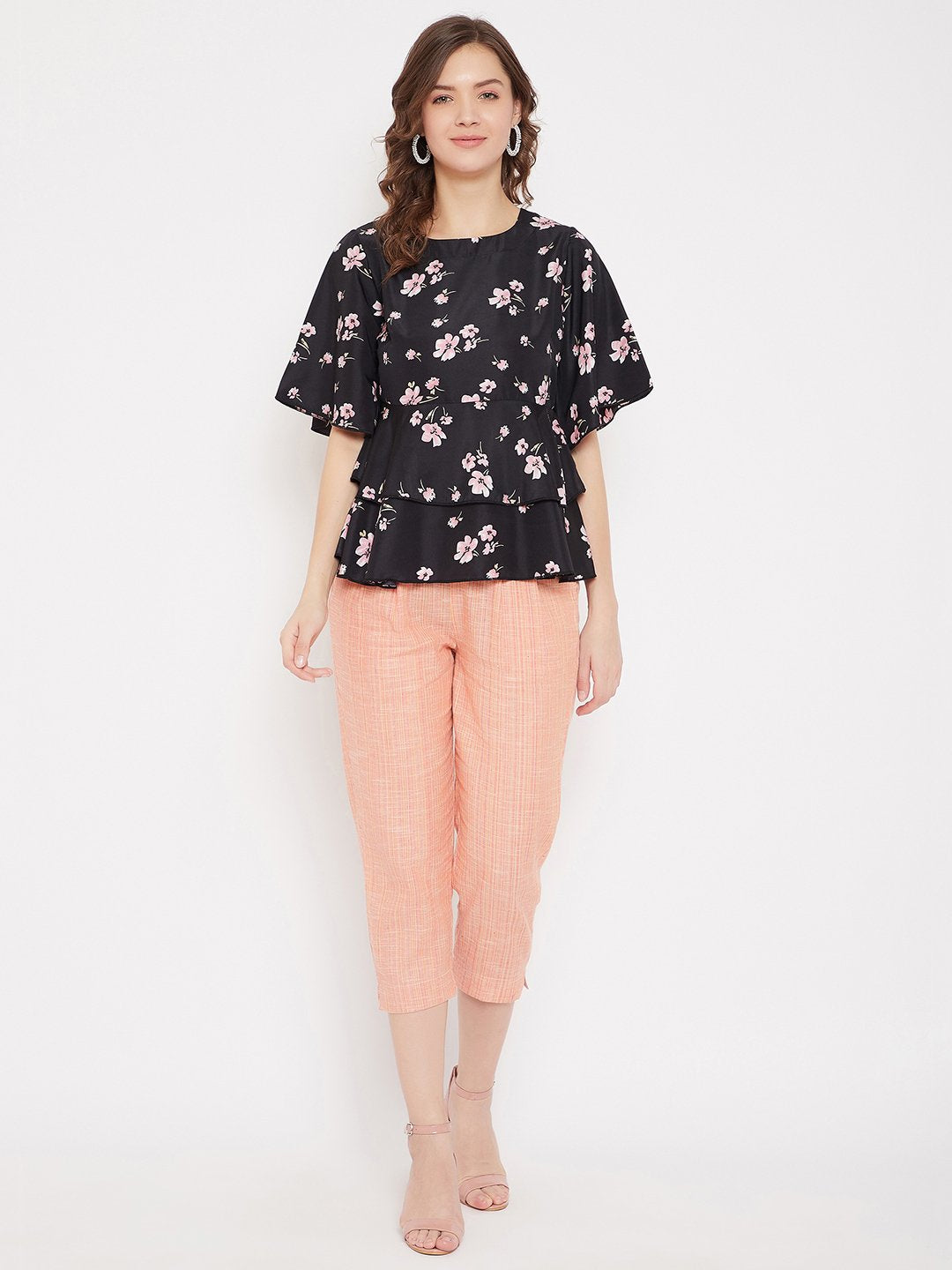 Women's Black Floral Peplum Top and Pink Trouser Set  - BitterLime