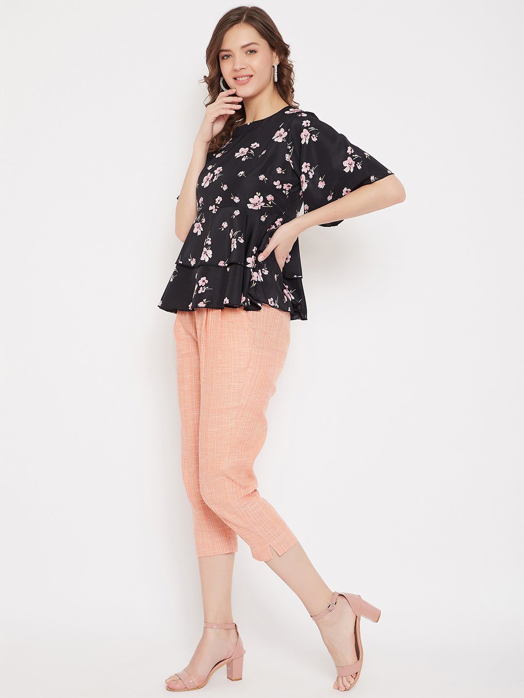 Women's Black Floral Peplum Top and Pink Trouser Set  - BitterLime