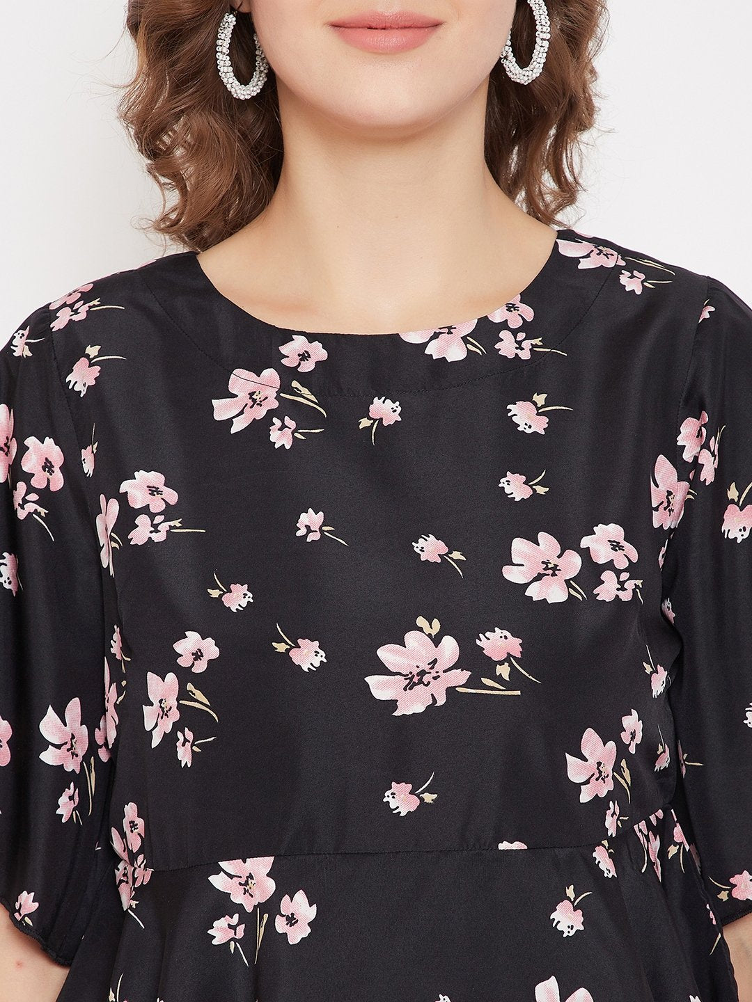 Women's Black Floral Peplum Top and Peach Pallazo Set  - BitterLime