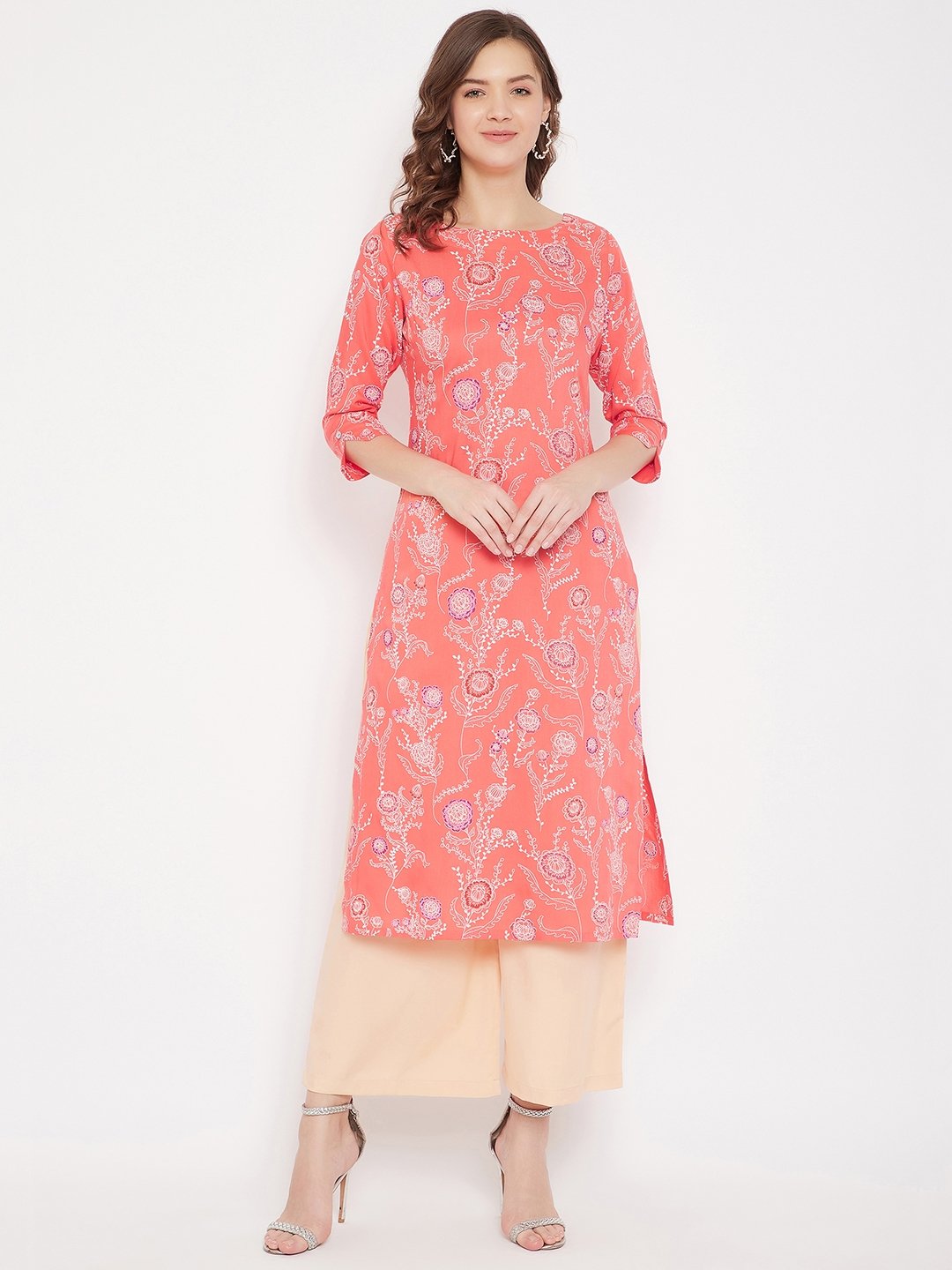 Women's Coral Red Printed Straight Kurta With Palazzo  - BitterLime