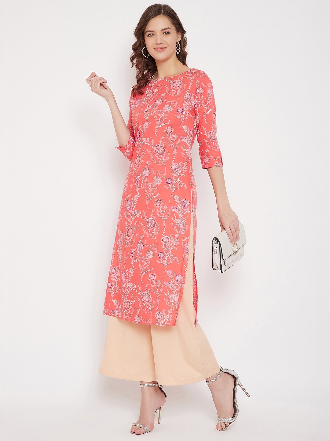 Women's Coral Red Printed Straight Kurta With Palazzo  - BitterLime