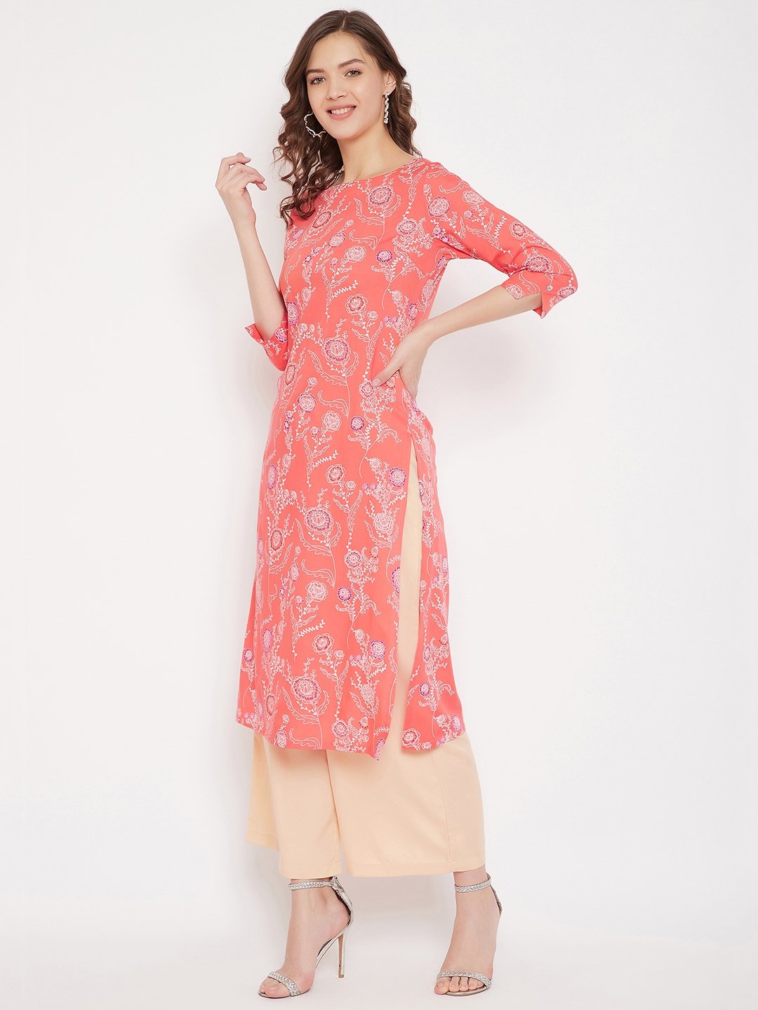 Women's Coral Red Printed Straight Kurta With Palazzo  - BitterLime