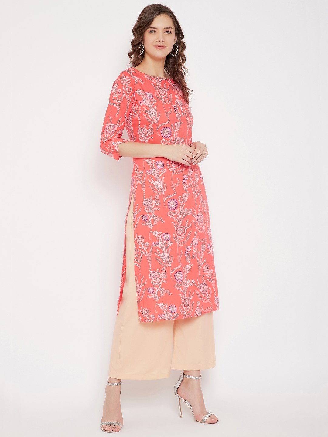 Women's Coral Red Printed Straight Kurta With Palazzo  - BitterLime