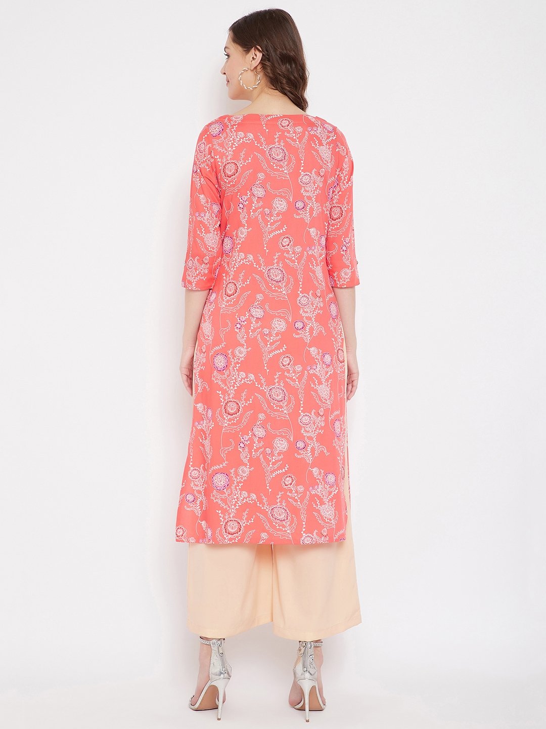 Women's Coral Red Printed Straight Kurta With Palazzo  - BitterLime