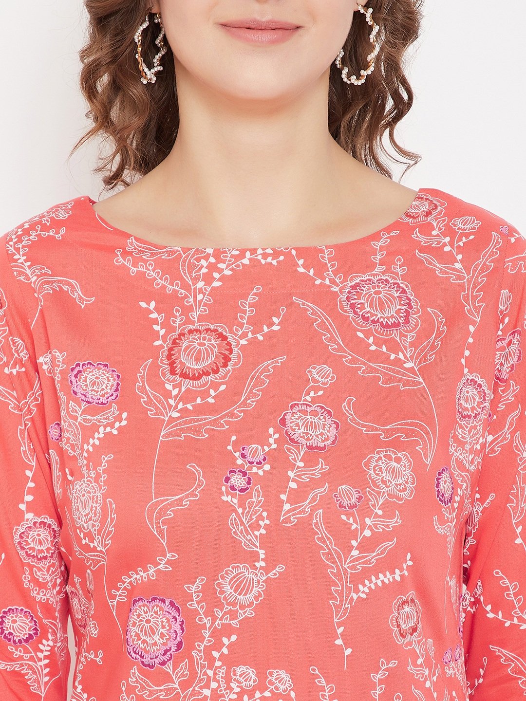 Women's Coral Red Printed Straight Kurta With Palazzo  - BitterLime