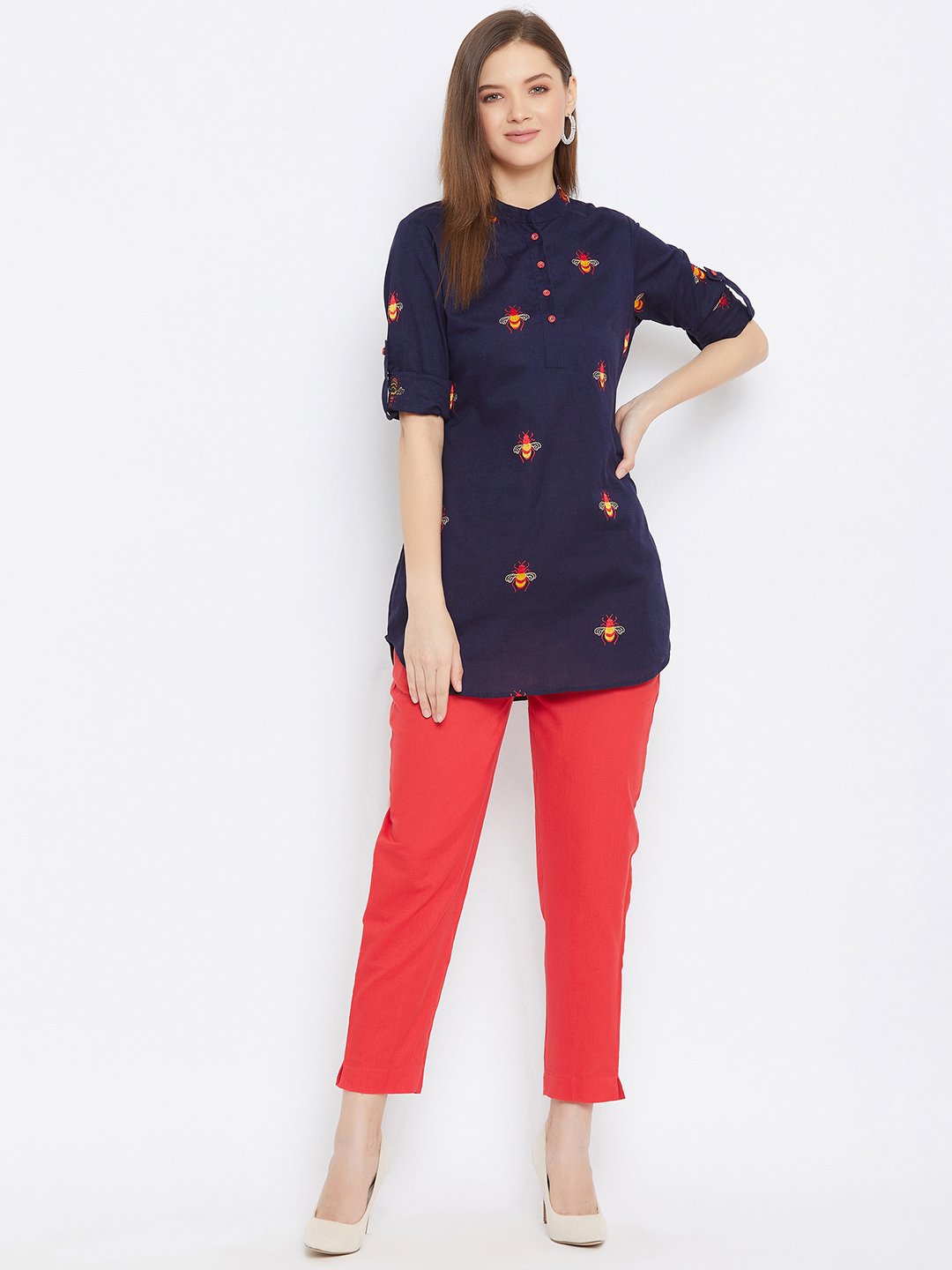 Women's Embroidered Blue and Red Tunic Set - BitterLime