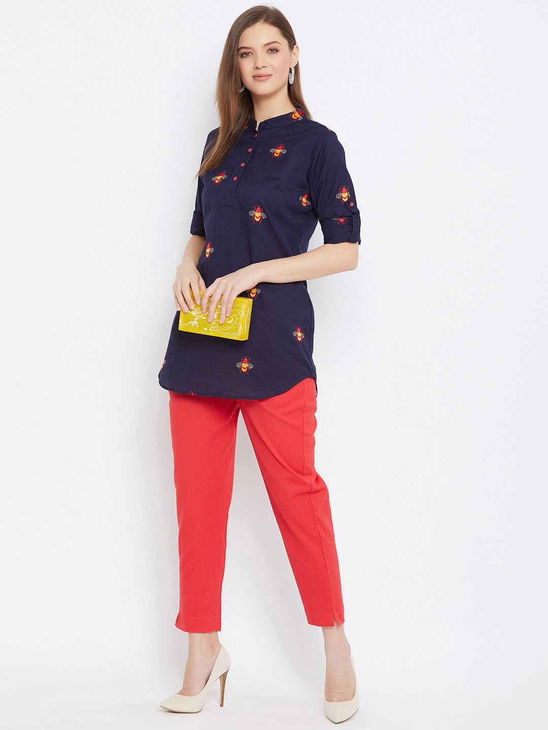 Women's Embroidered Blue and Red Tunic Set - BitterLime