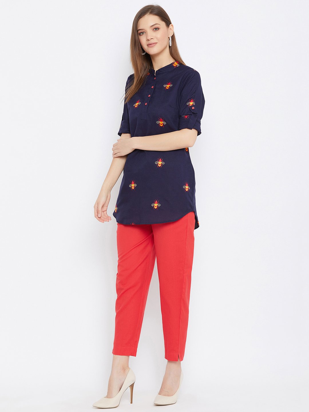 Women's Embroidered Blue and Red Tunic Set - BitterLime