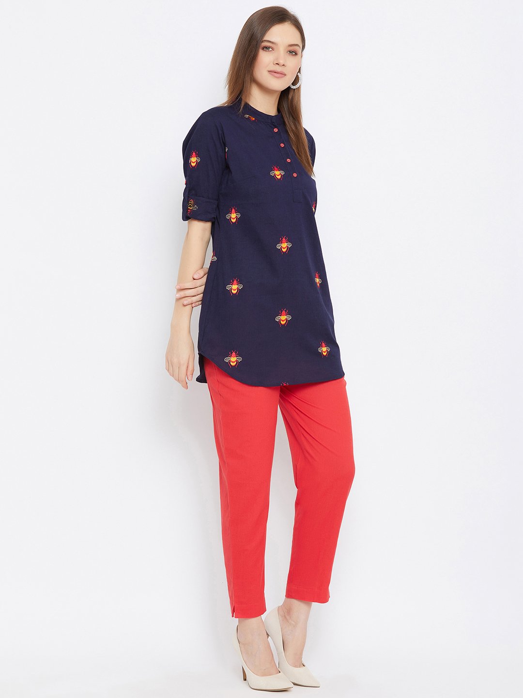 Women's Embroidered Blue and Red Tunic Set - BitterLime