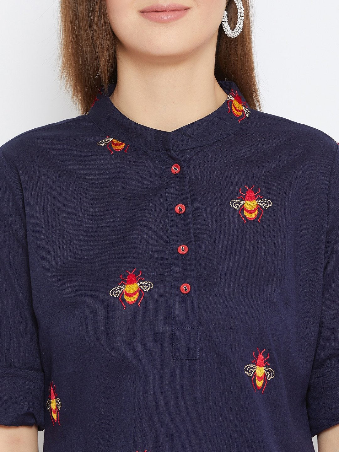 Women's Embroidered Blue and Red Tunic Set - BitterLime