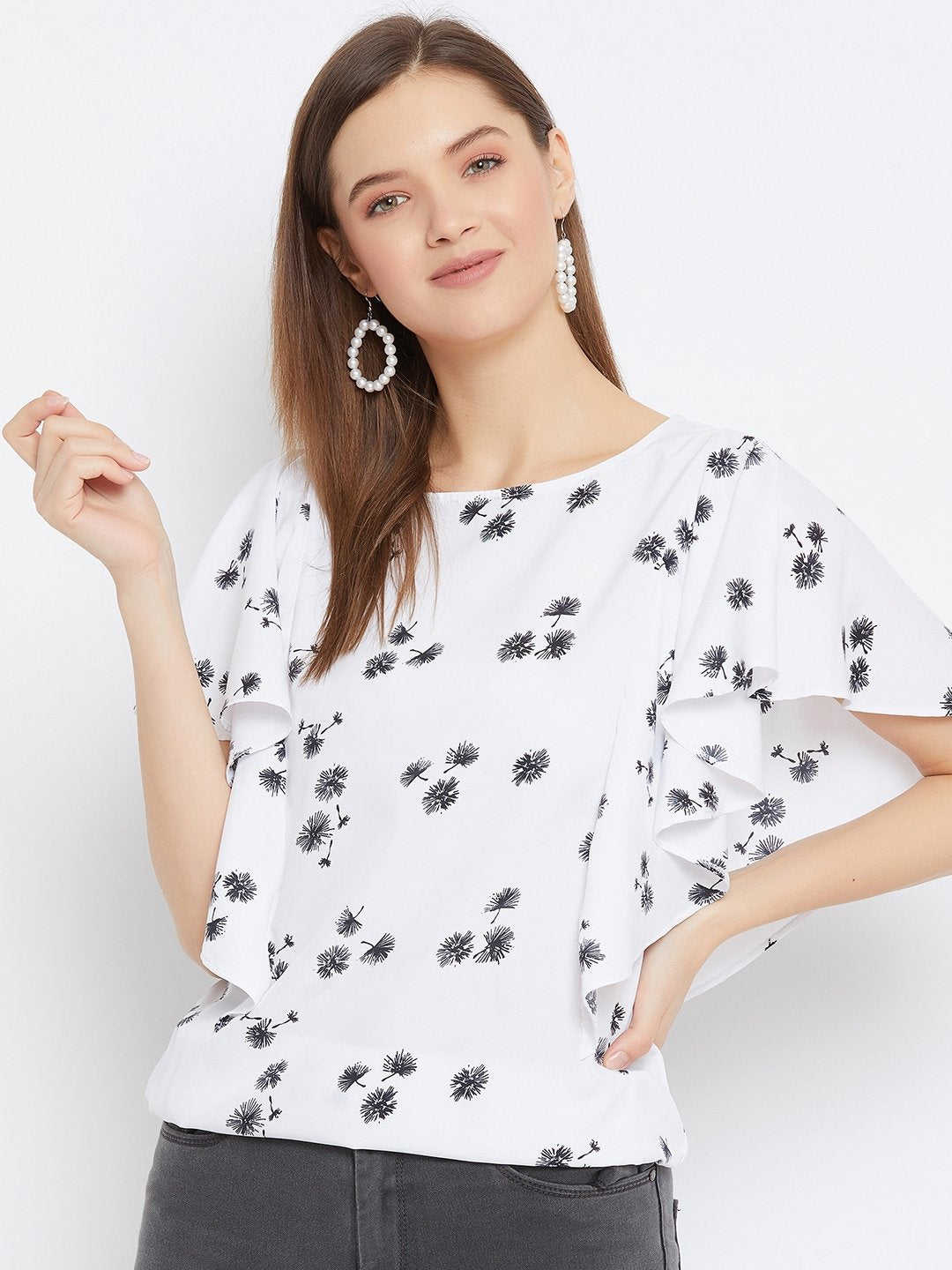 Women's White And Black Printed Ruffle Top - BitterLime