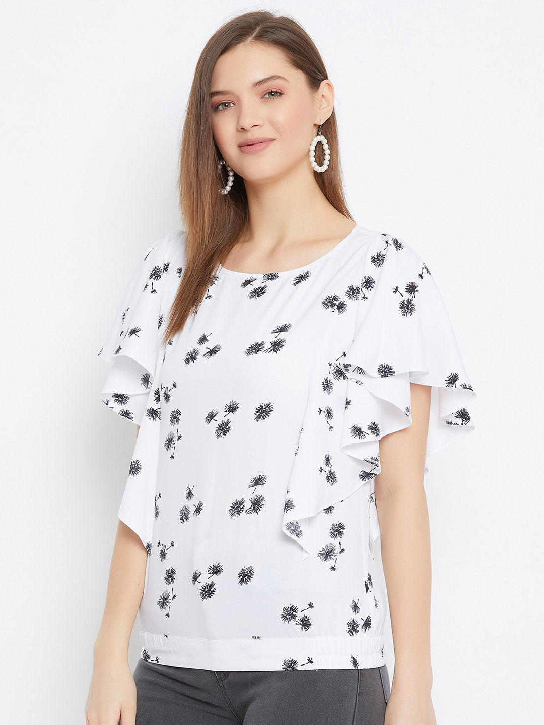 Women's White And Black Printed Ruffle Top - BitterLime