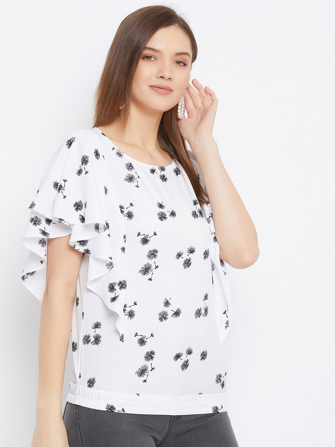 Women's White And Black Printed Ruffle Top - BitterLime