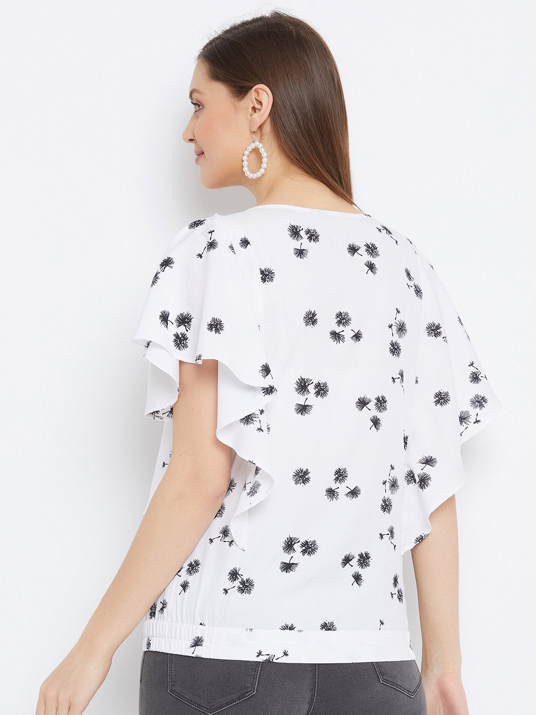 Women's White And Black Printed Ruffle Top - BitterLime