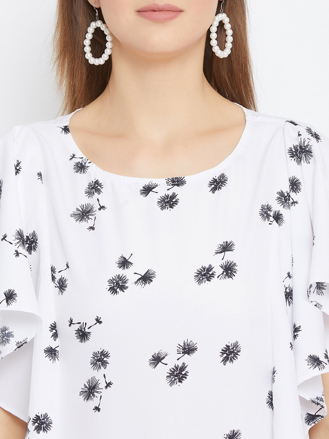 Women's White And Black Printed Ruffle Top - BitterLime