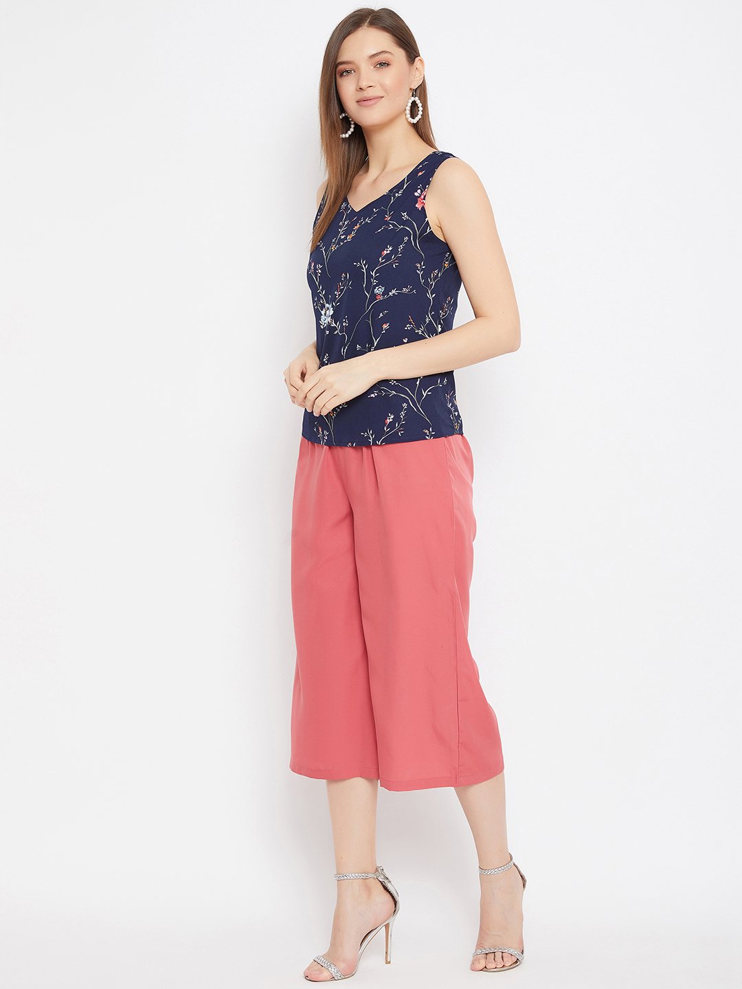 Women's Printed Spaghetti Top And Culottes - BitterLime