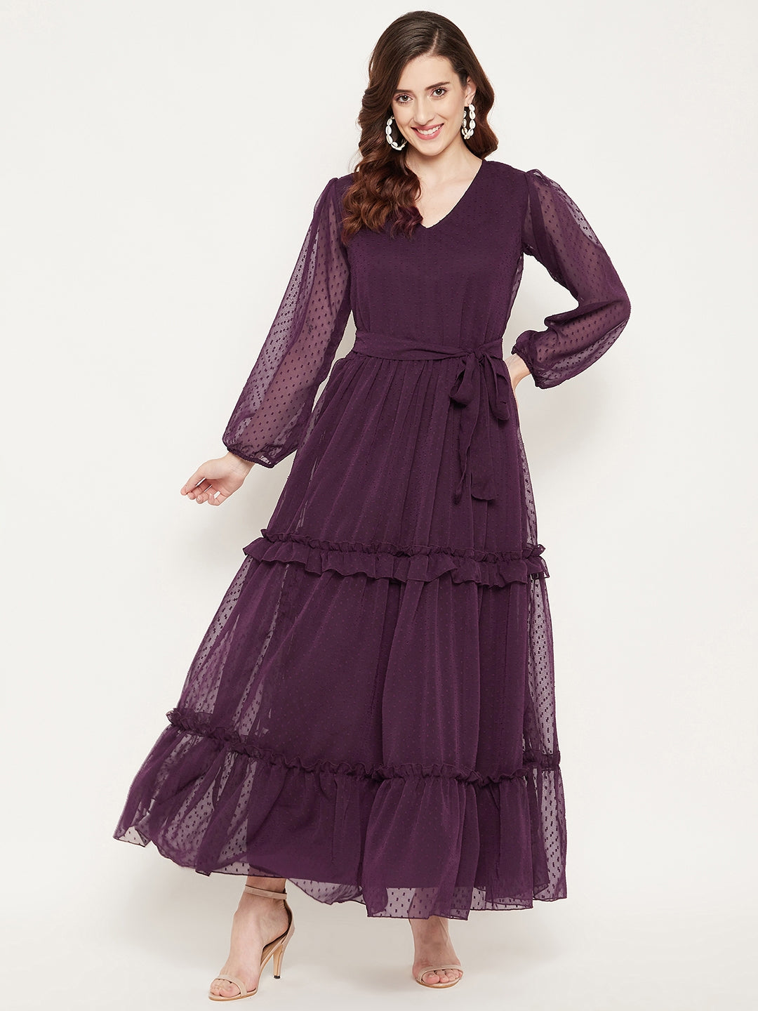 Women's Red Georgette Tiered Dobby Maxi Dress Red / S | Trendia Global Women's Red Georgette Tiered Dobby Maxi Dress Red / S | Trendia Global