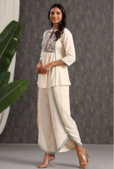 Women's Ivory Rayon Embroidered Peplum Tunic Dhoti Set - Juniper
