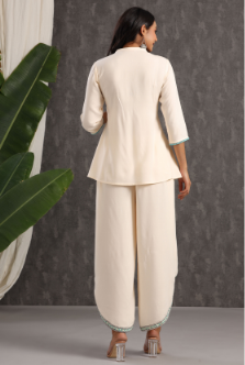 Women's Ivory Rayon Embroidered Peplum Tunic Dhoti Set - Juniper