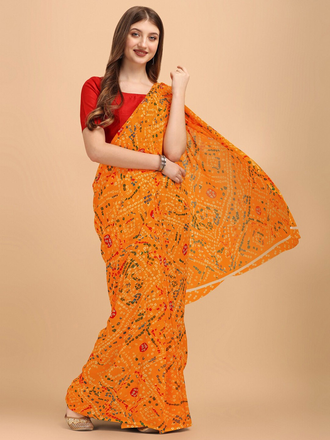 Women's Orange Georgette Printed Daily Wear Saree - Sangam Prints