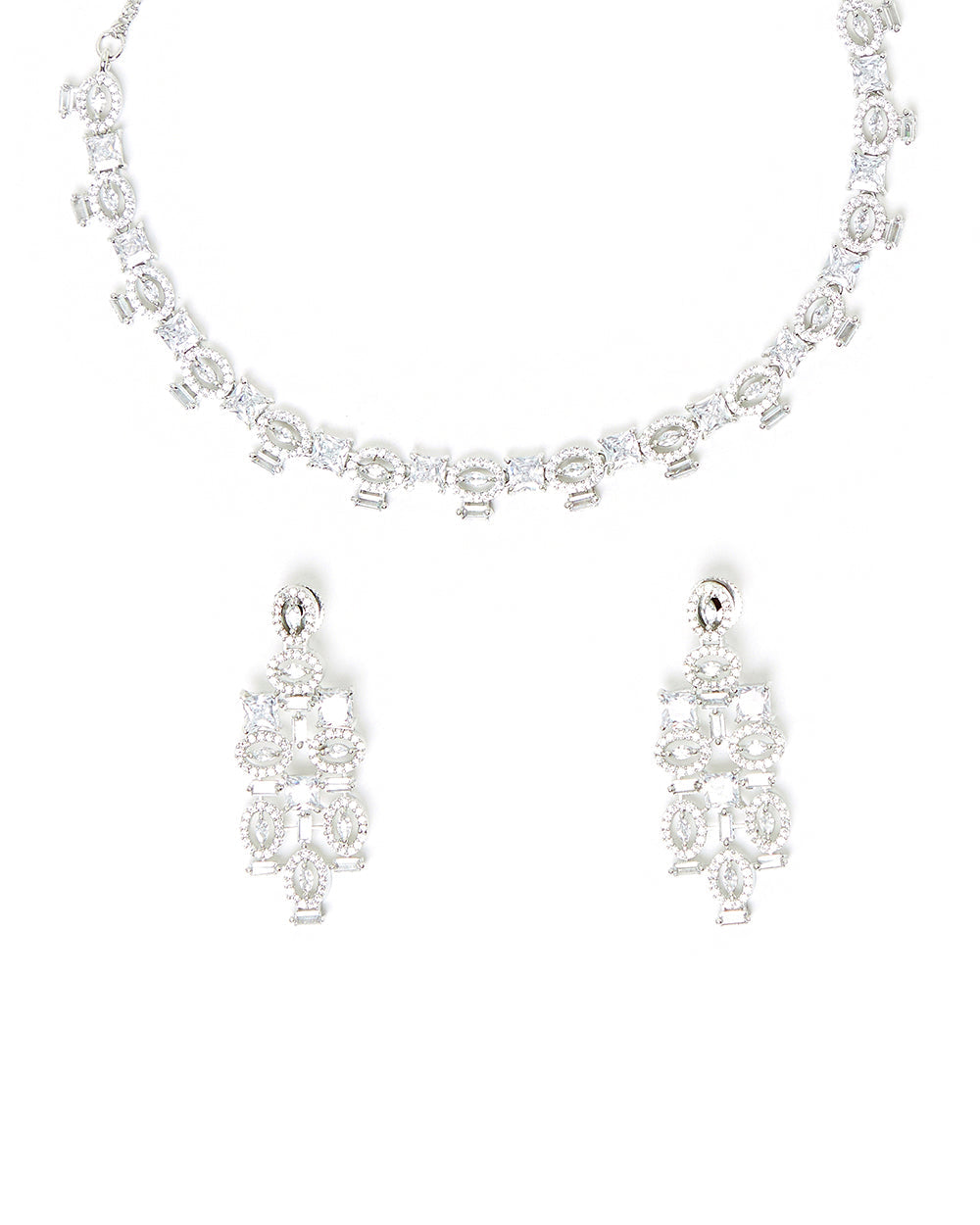 Women's Sparkling Elegance Silver Plated Oval Necklace Set - Voylla