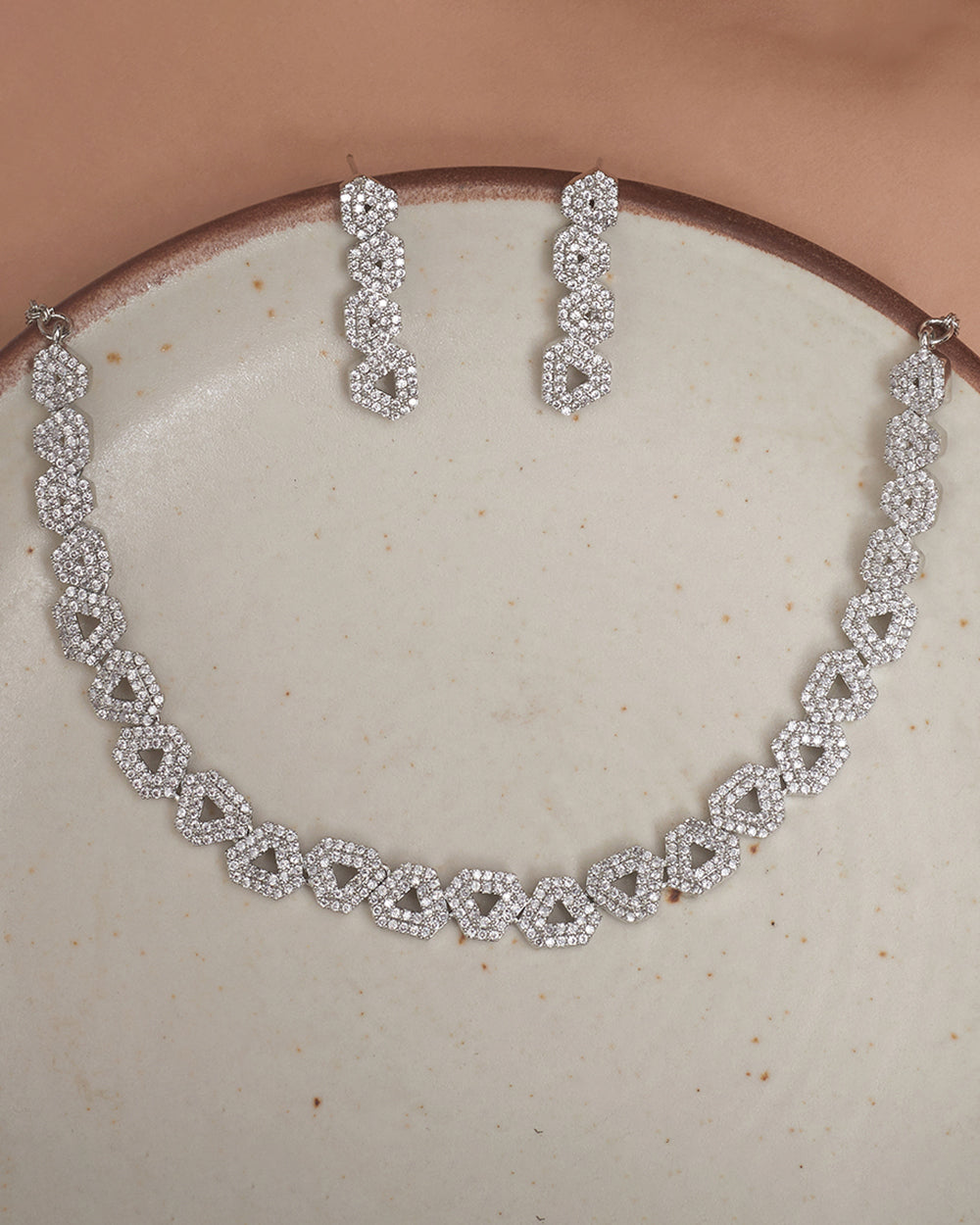 Women's Edgy Triangles Pattern Cz Embellished Silver Jewellery Set - Voylla