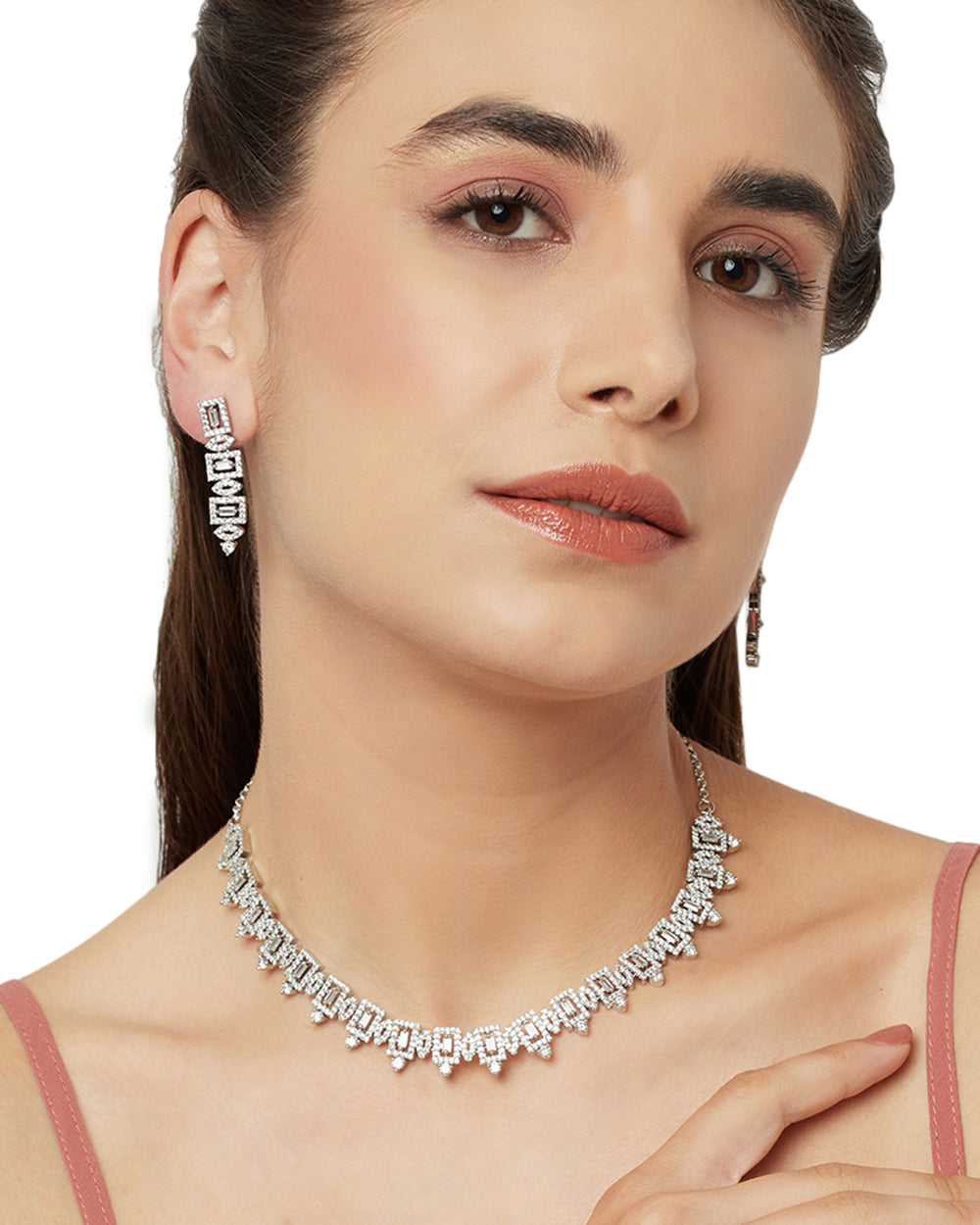 Women's Square Cut Silver Plated Zircons Embellished Jewellery Set - Voylla