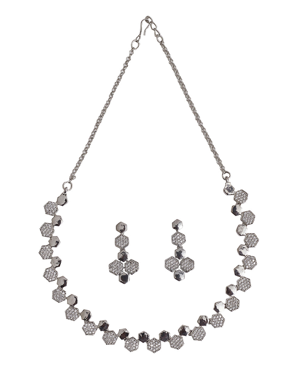 Women's Brass Silver Toned Zircons Embellished Jewellery Set - Voylla