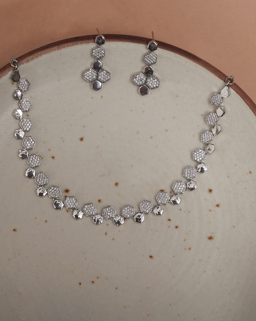 Women's Brass Silver Toned Zircons Embellished Jewellery Set - Voylla