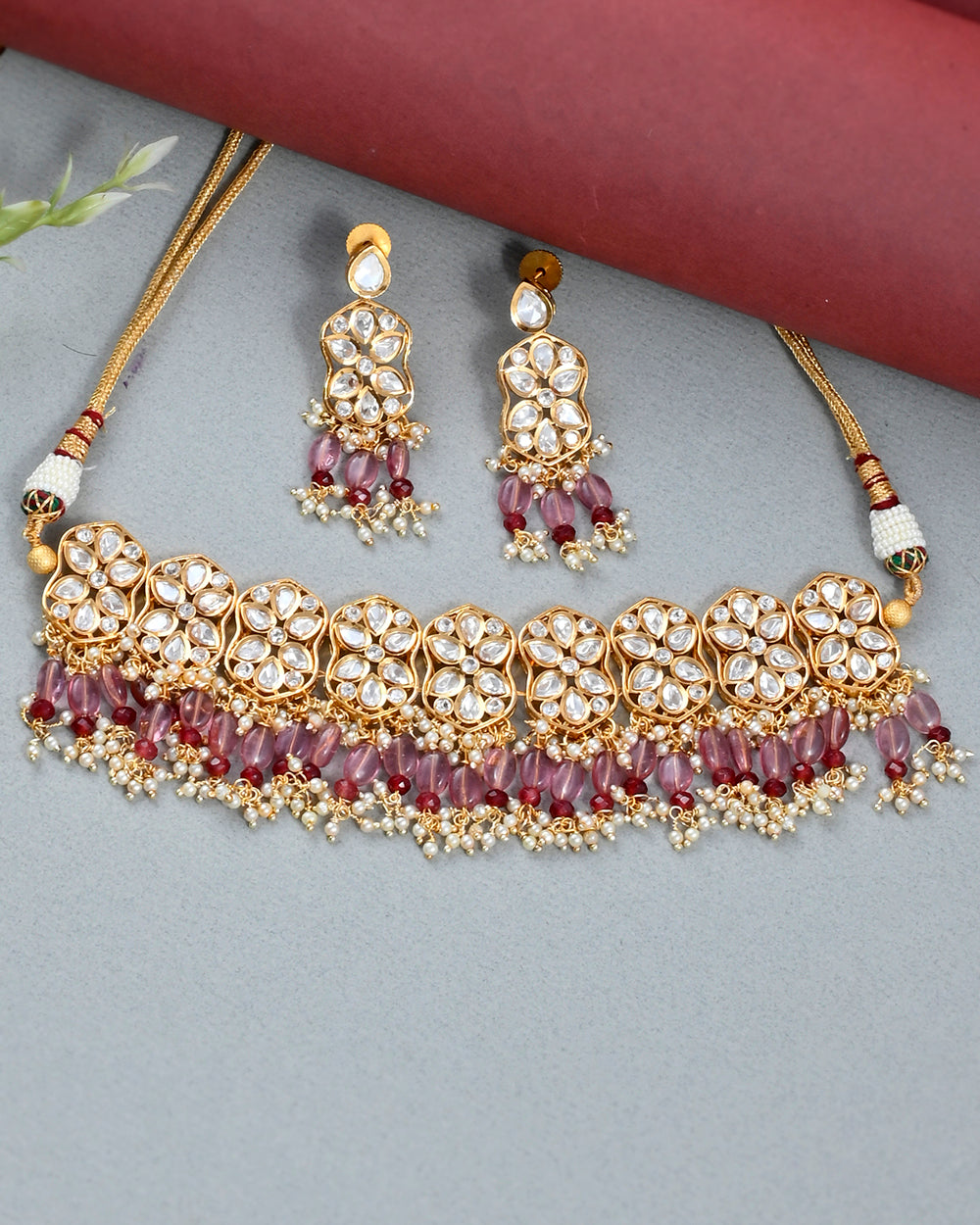 Women's Teardrop Cut Faux Kundan Gold Toned Antique Jewellery Set - Voylla