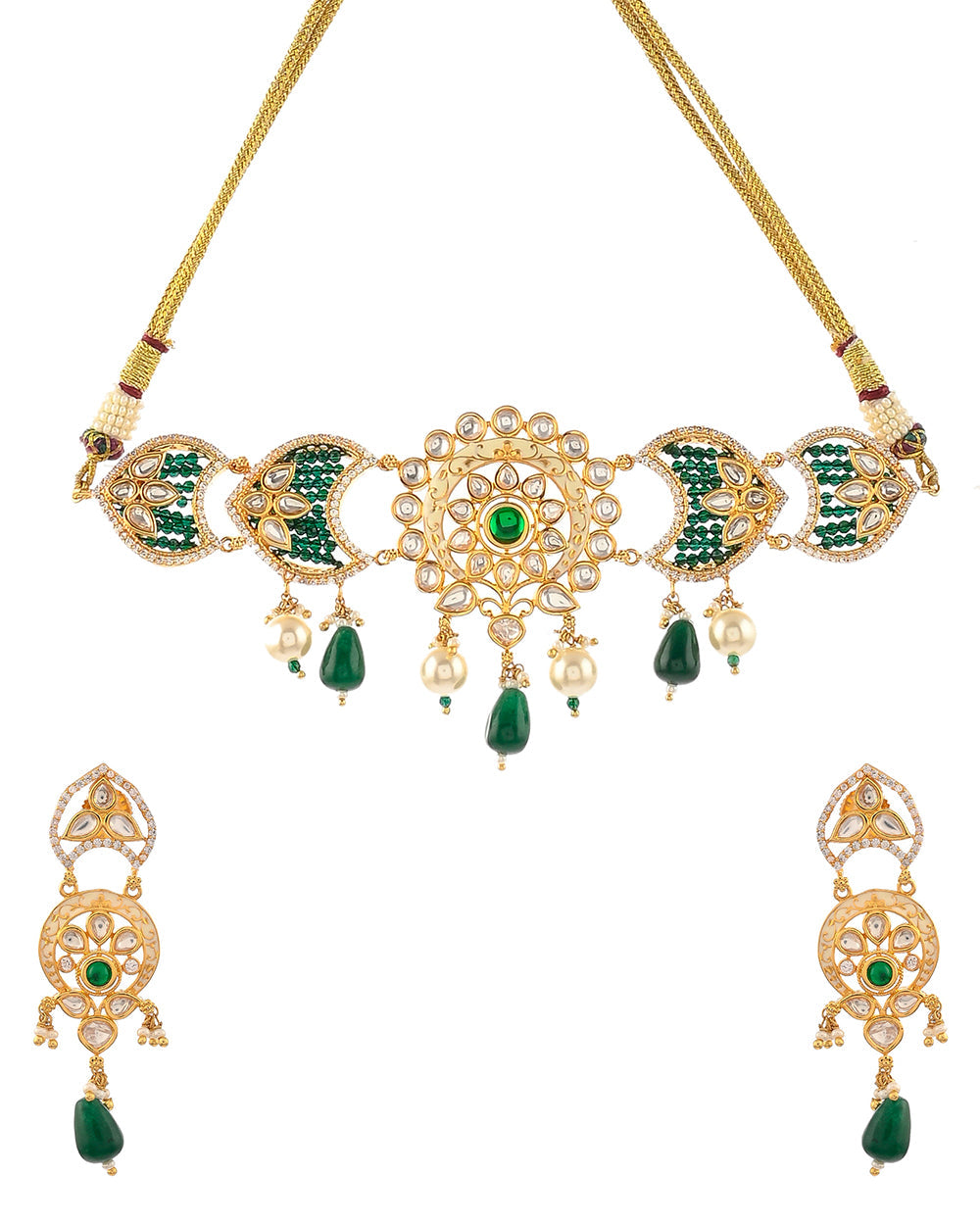 Women's White Faux Pearls And Kundan Adorned Floral Gold Plated Brass Jewellery Set - Voylla