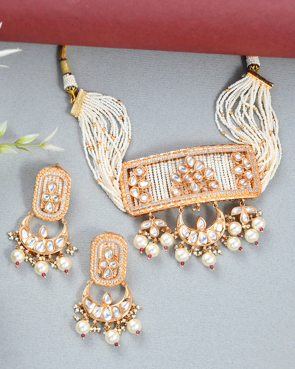 Women's Antique Style Heavily Embellished Faux Kundan And Pearls Gold Plated Brass Jewellery Set - Voylla