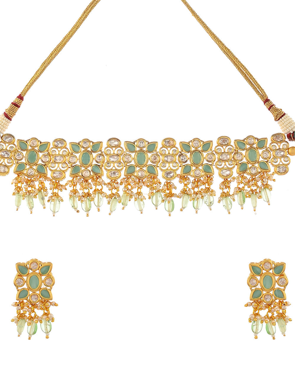 Women's Oval Cut Faux Kundan Adorned Brass Gold Toned Jewellery Set - Voylla