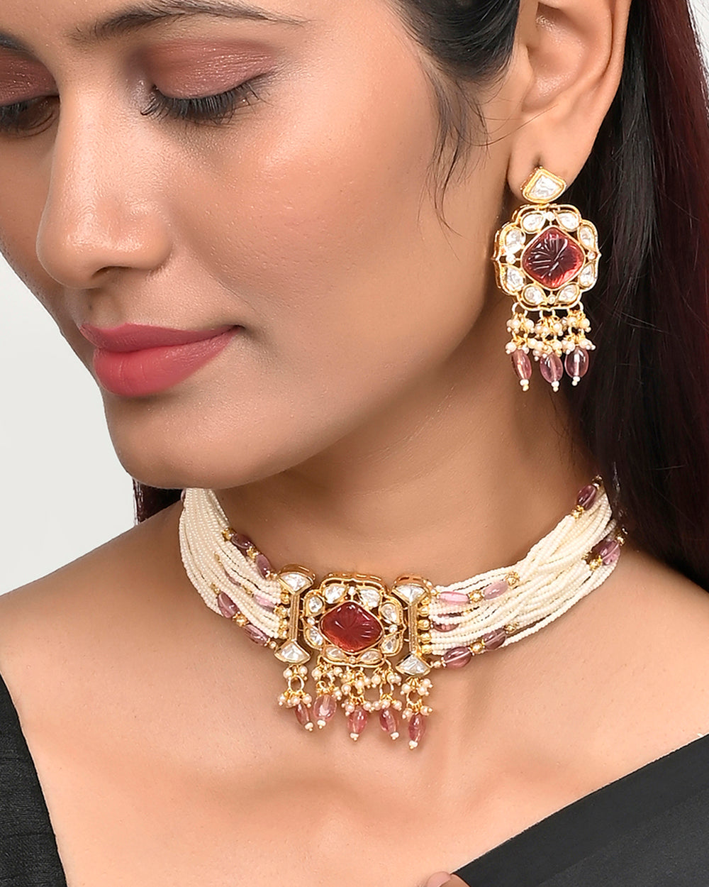 Women's Red And White Faux Kundan Adorned Gold Plated Heavy Jewellery Set - Voylla