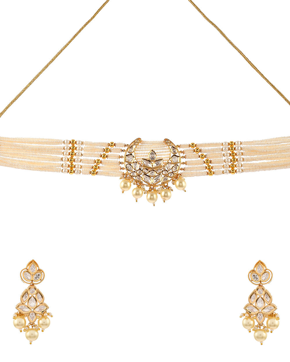 Women's Faux Pearls And Kundan Adorned Antique Style Brass Gold Plated Heavy Jewellery Set - Voylla