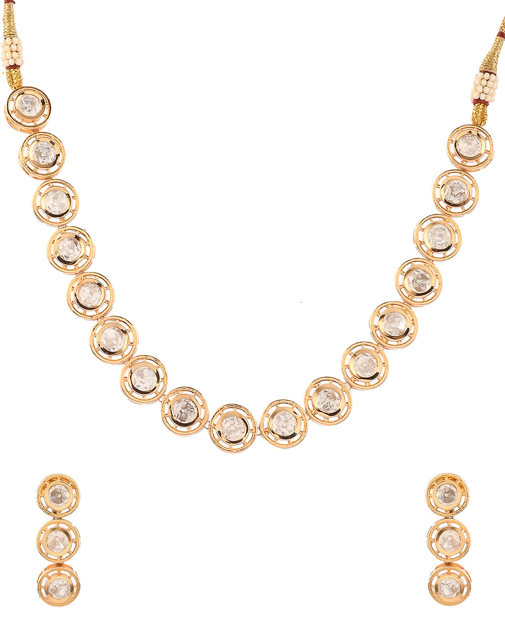 Women's Large Round Cut Faux Kundan Adorned Gold Plated Brass Jewellery Set - Voylla