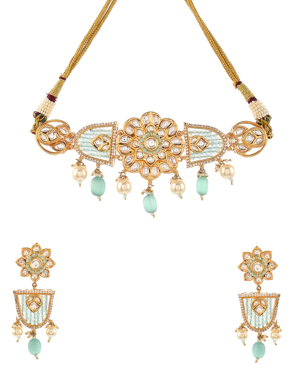 Women's Faux Kundan And Pearls Gold Toned Opulent Jewellery Set - Voylla