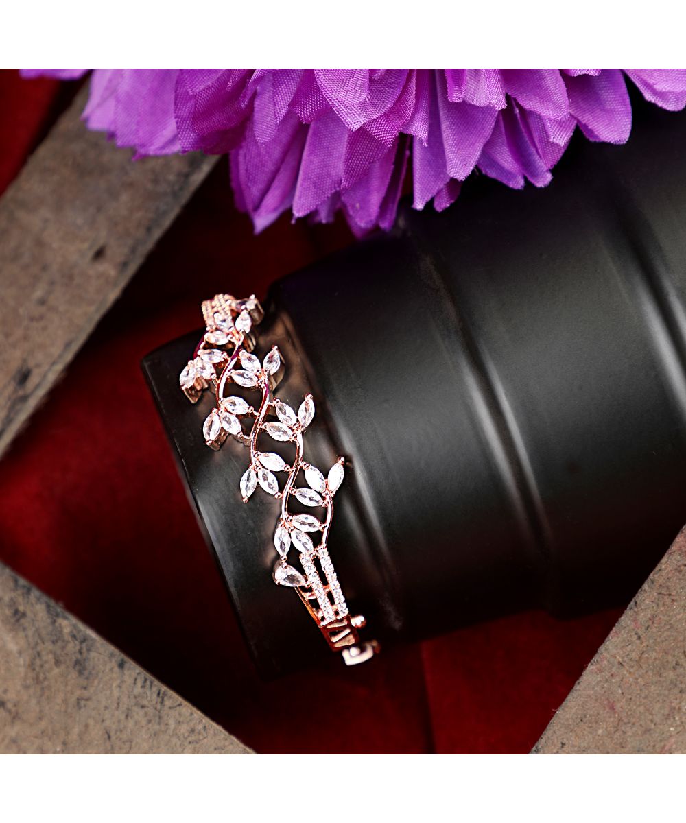 Women's American Diamond Rose Gold Style Statement Leaf Shaped Bracelet - MODE MANIA