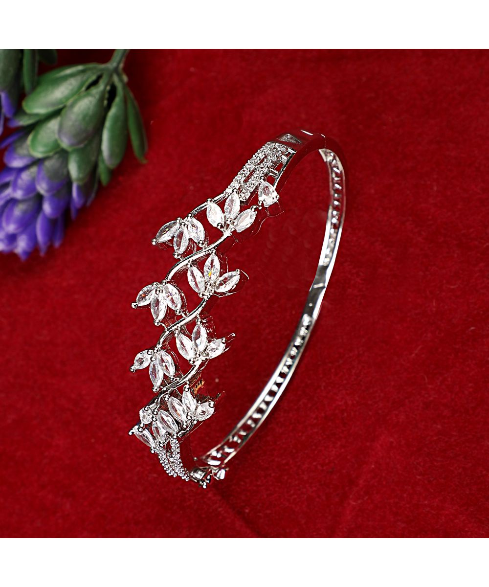 Women's American Diamond Silver color Style Statement Leaf Shaped Bracelet - MODE MANIA