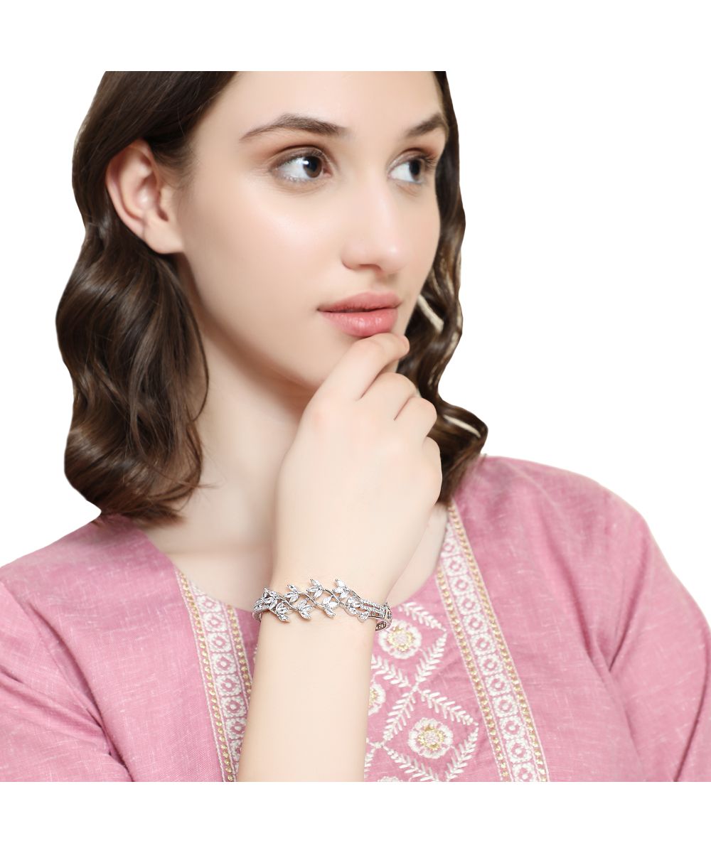 Women's American Diamond Silver color Style Statement Leaf Shaped Bracelet - MODE MANIA