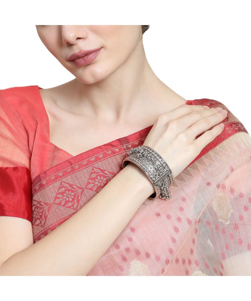 Women's Contemporary Oxidised Broad Bracelet with ghungru studded - MODE MANIA