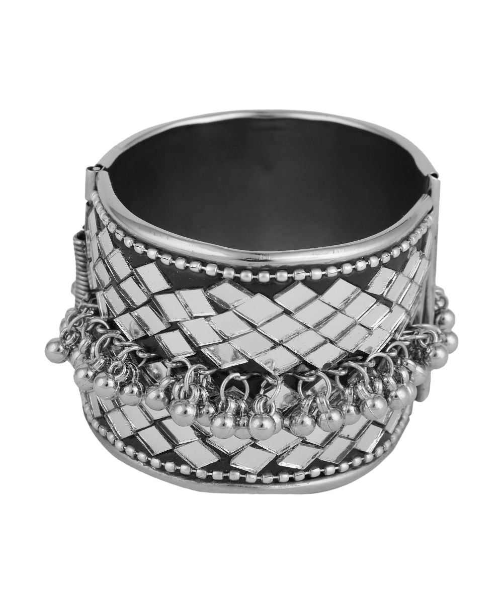 Women's Contemporary Oxidised Broad Bracelet with Mirror and Ghungru studded - MODE MANIA