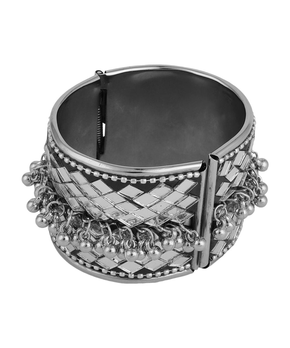 Women's Contemporary Oxidised Broad Bracelet with Mirror and Ghungru studded - MODE MANIA