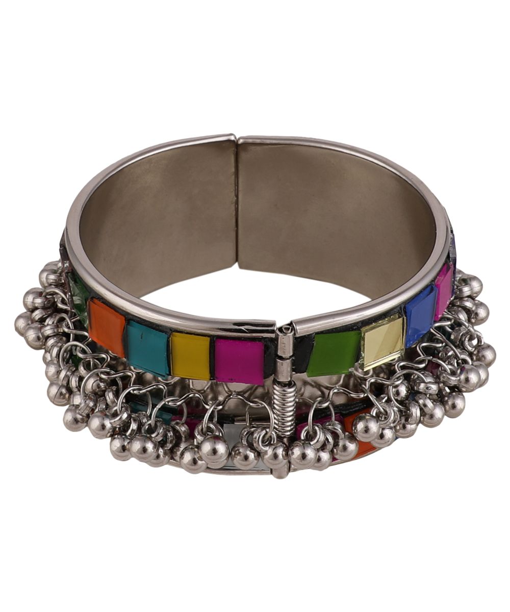 Women's Statement Oxidised Broad Bracelet with Colored Mirror and Ghungru studded - MODE MANIA