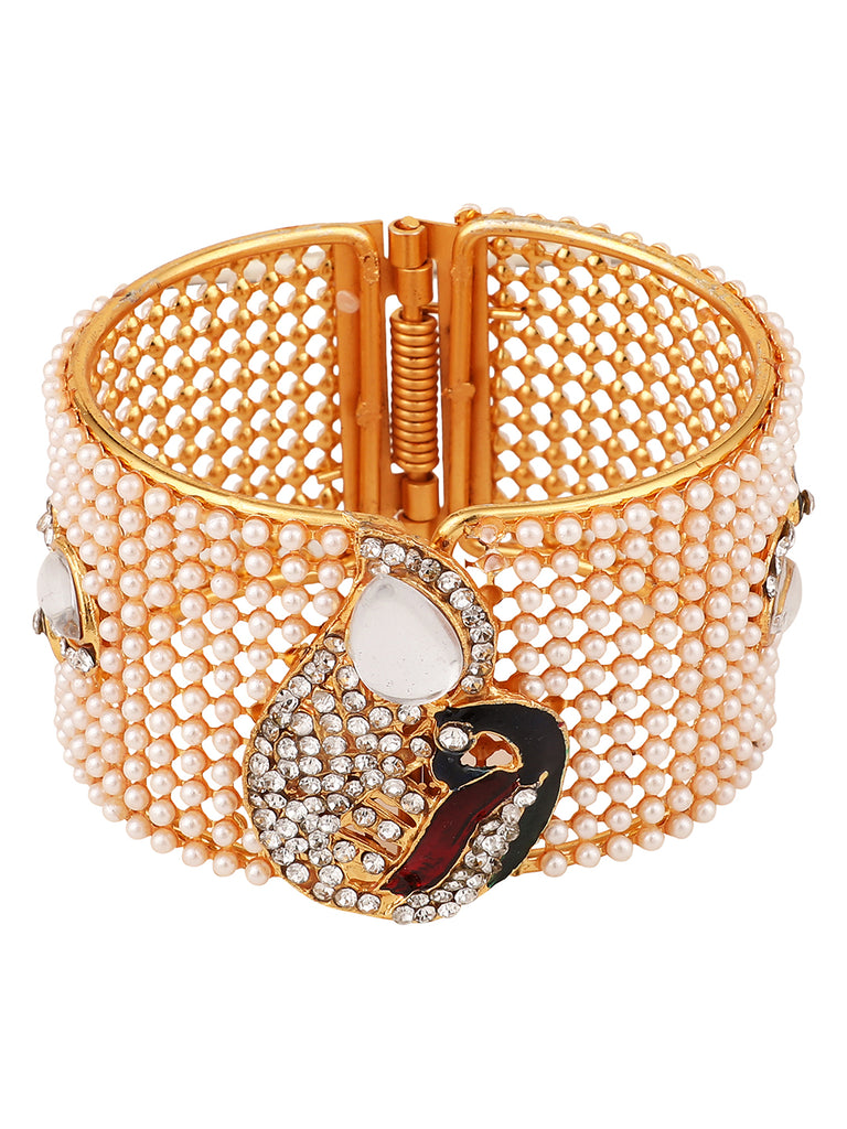 Women's/Girls Contemporary Gold Plated Broad Shaped Pearl And Multicolor Stone Studded Broad Bracelet Set Of 1 Bracelet