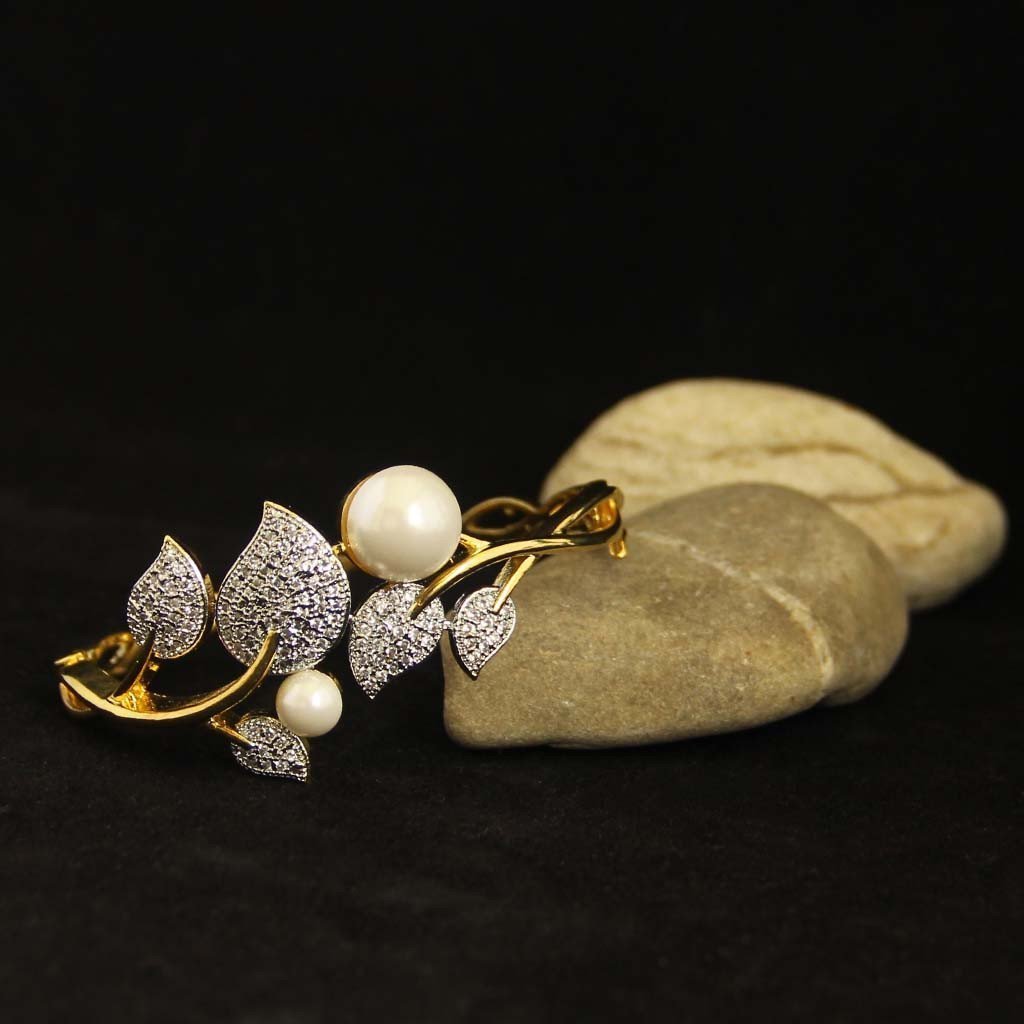 Women's Gold-Plated American Diamond and Pearls Studded Bracelet in Floral Pattern - Priyaasi